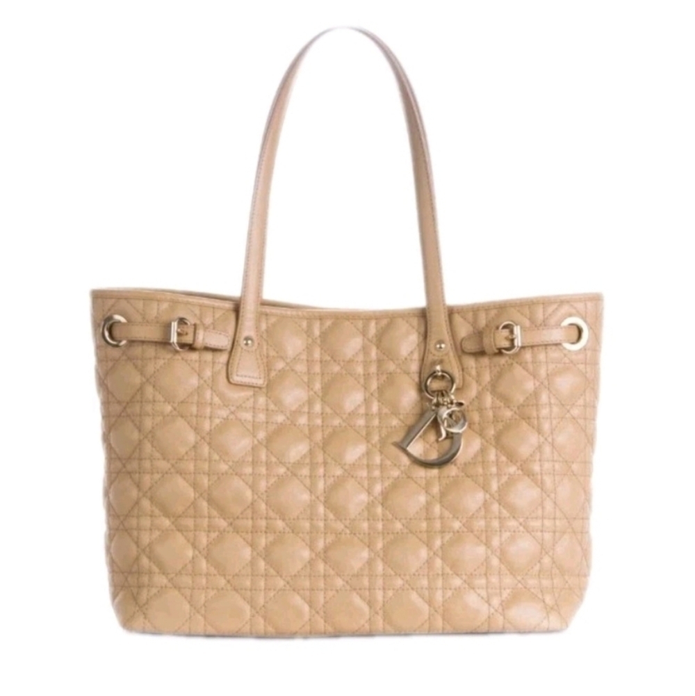 Christian Dior Beige Coated Canvas Cannage Medium Panarea Designer Luxury Tote